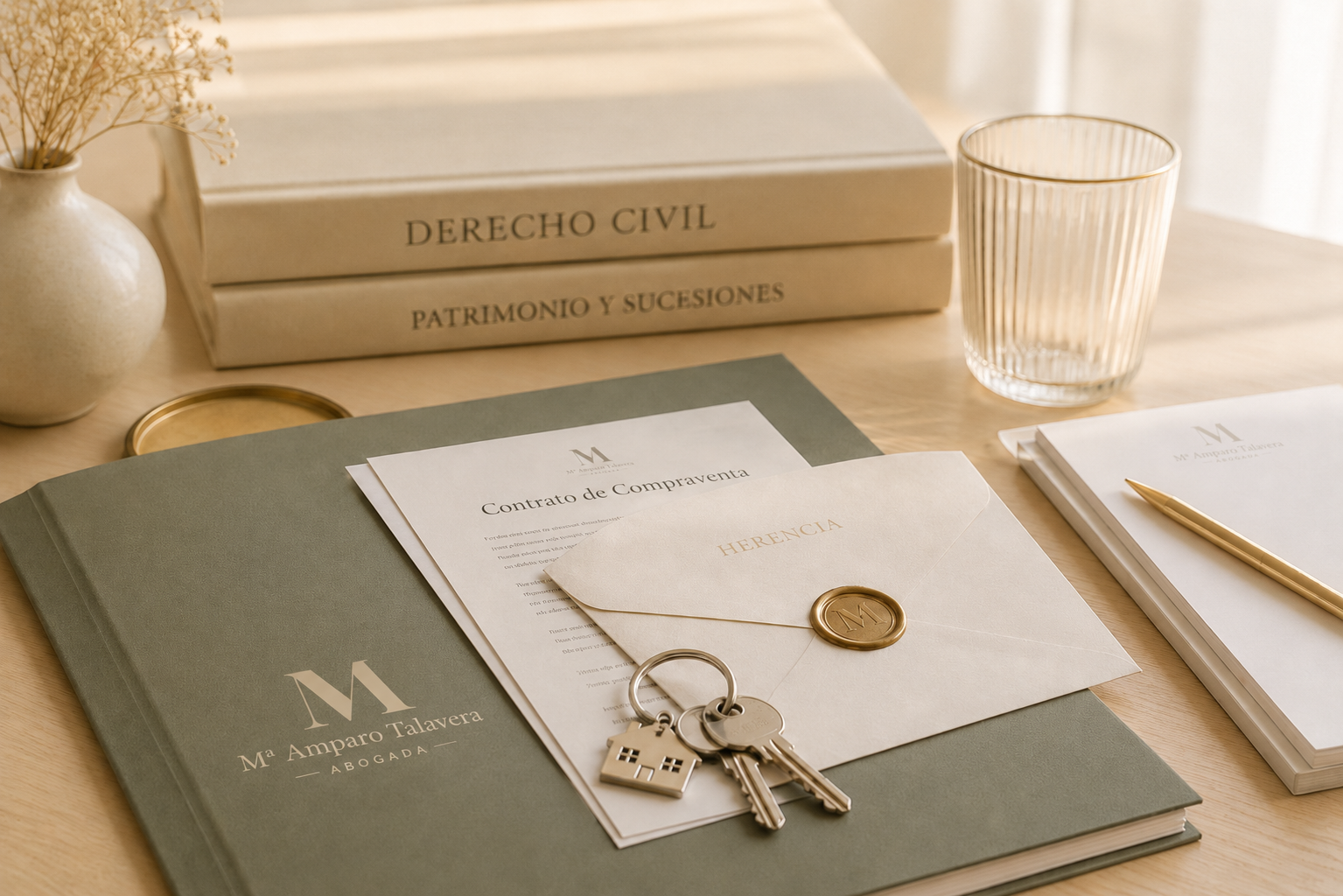 Documentación de Derecho Civil con contrato de compraventa, herencia y llaves sobre carpeta corporativa