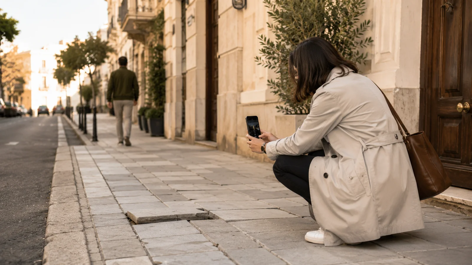 Persona fotografiando una baldosa levantada en una acera tras una caída en la vía pública