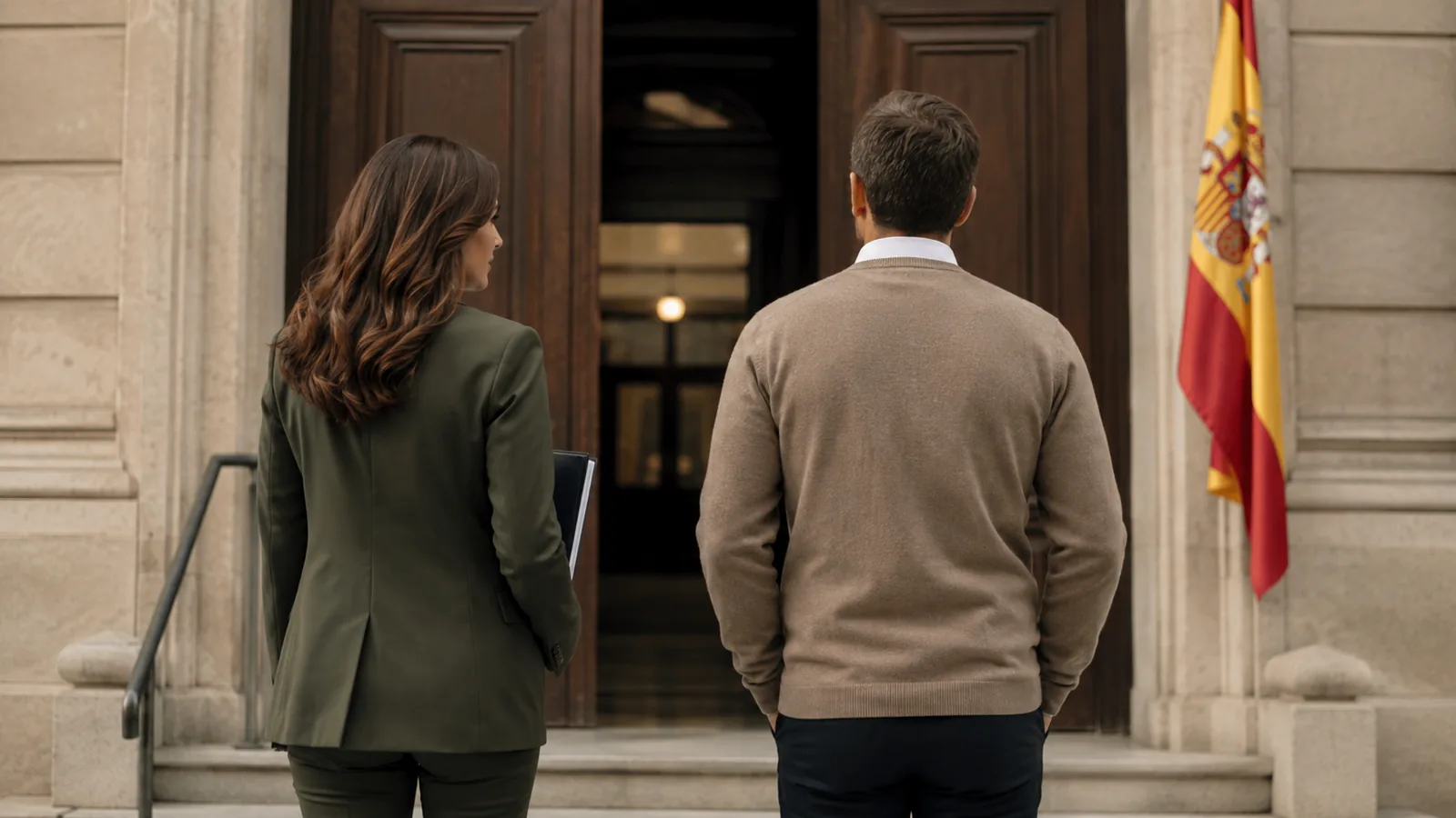 Una abogada y una persona citada ante la entrada de un edificio judicial en España