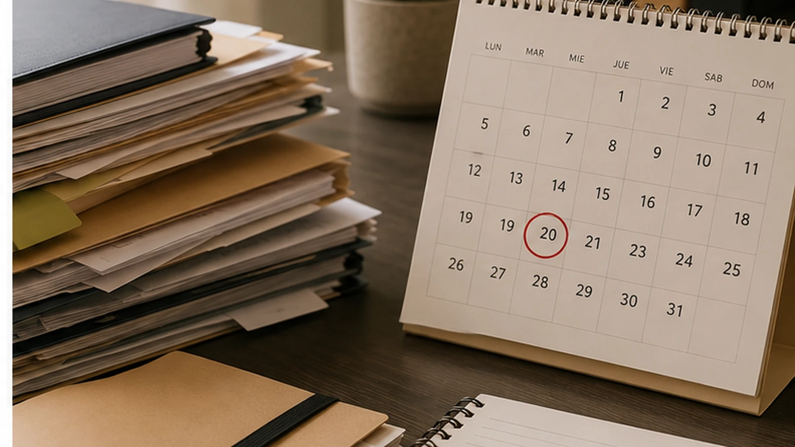 Documentación laboral organizada junto a un calendario sobre un escritorio, representando el control de los plazos tras un despido.