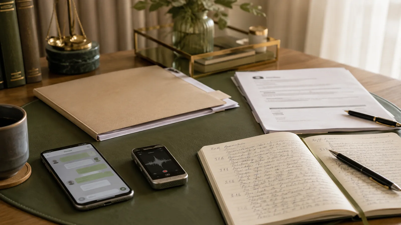 Teléfono con mensajes, grabadora de audio y documentos organizados sobre una mesa de trabajo