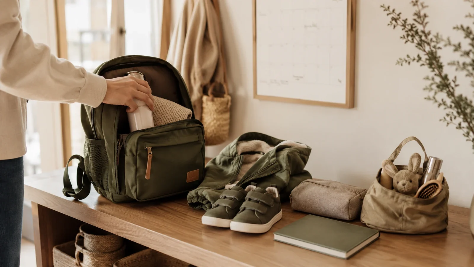 Mochila, ropa y objetos infantiles preparados para organizar el cambio entre dos hogares
