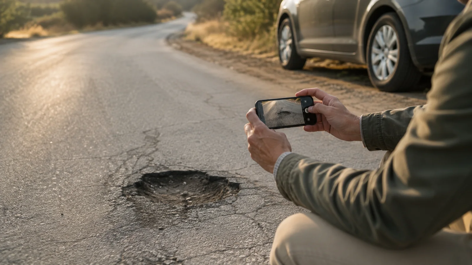 Persona fotografiando un bache en la calzada junto a un vehículo estacionado