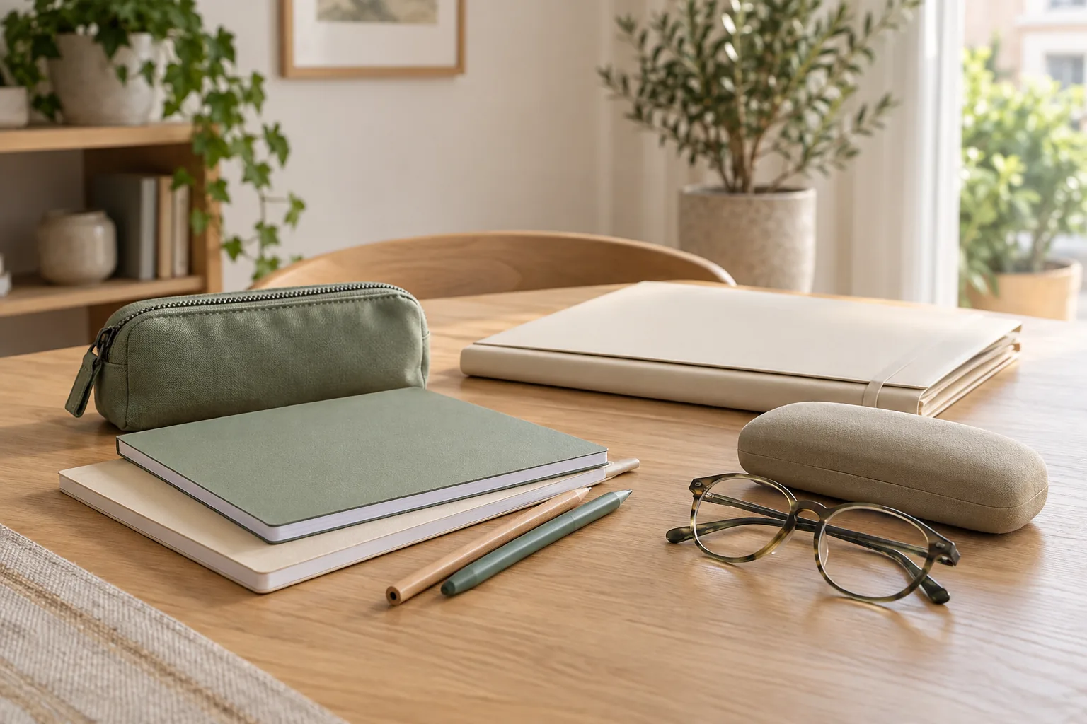 Cuadernos, un estuche y unas gafas sobre una mesa junto a una carpeta.