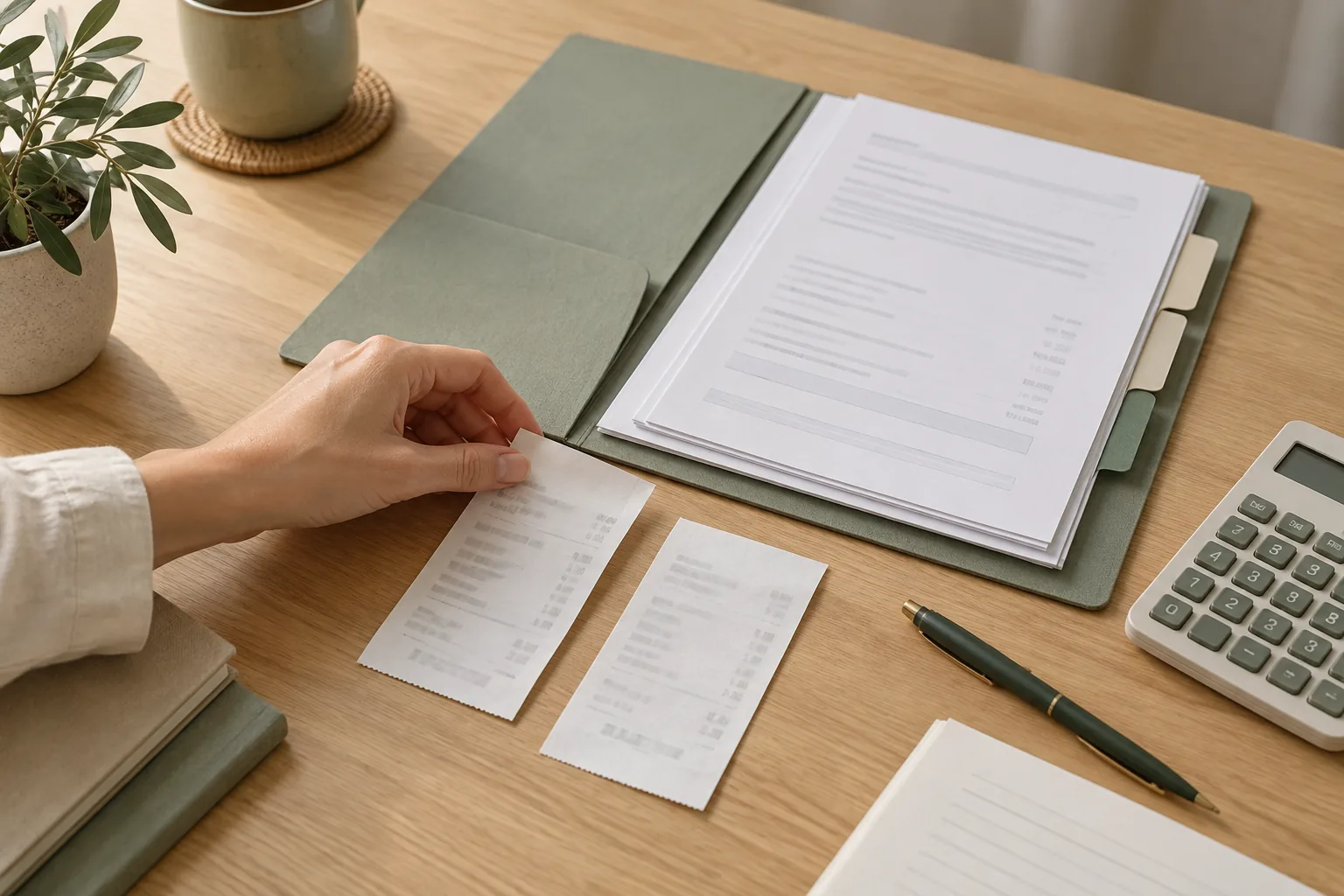 Una persona organiza recibos junto a una carpeta de documentos y una calculadora.
