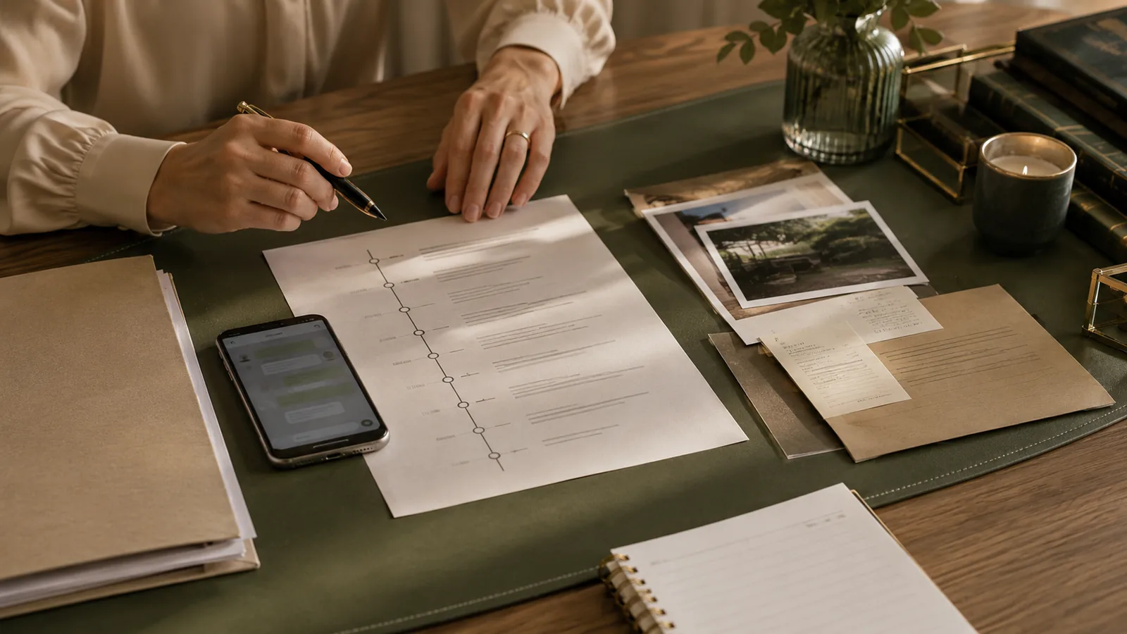 Profesional jurídica organizando una cronología, fotografías y documentos junto a un teléfono móvil