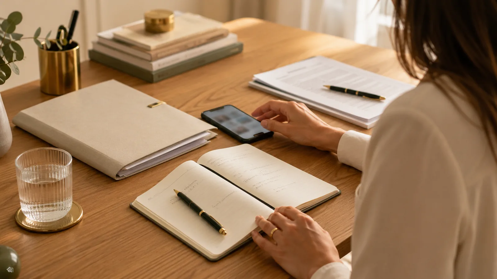 Mujer revisando un teléfono y organizando una libreta y documentación sobre un posible incumplimiento de una orden de alejamiento