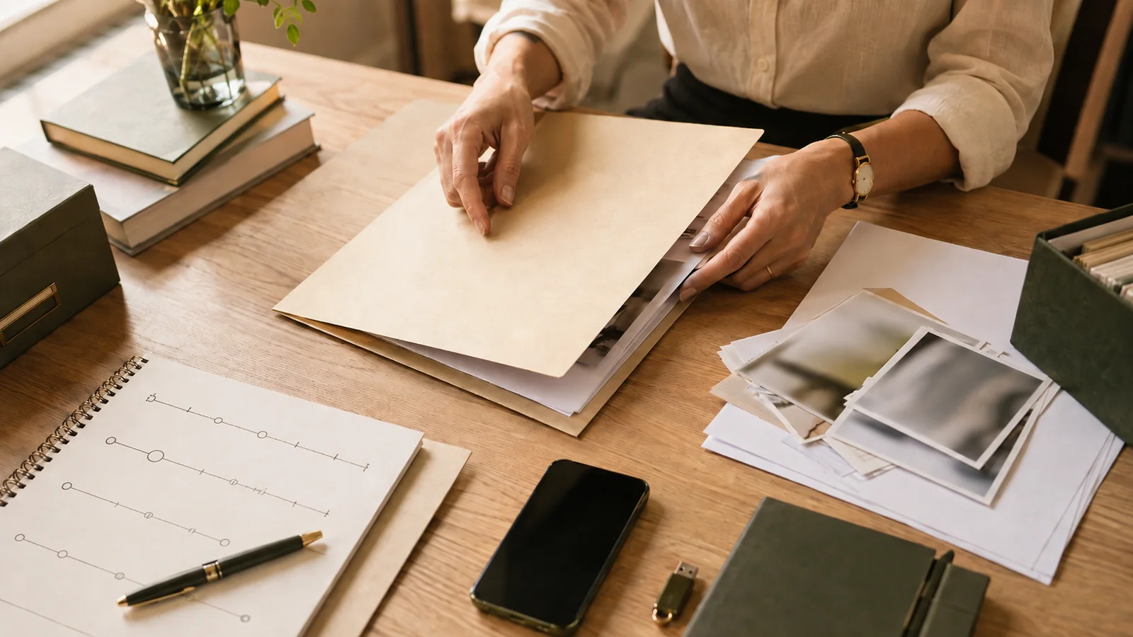 Persona organizando documentos, un teléfono y archivos relacionados con una denuncia sobre una mesa.