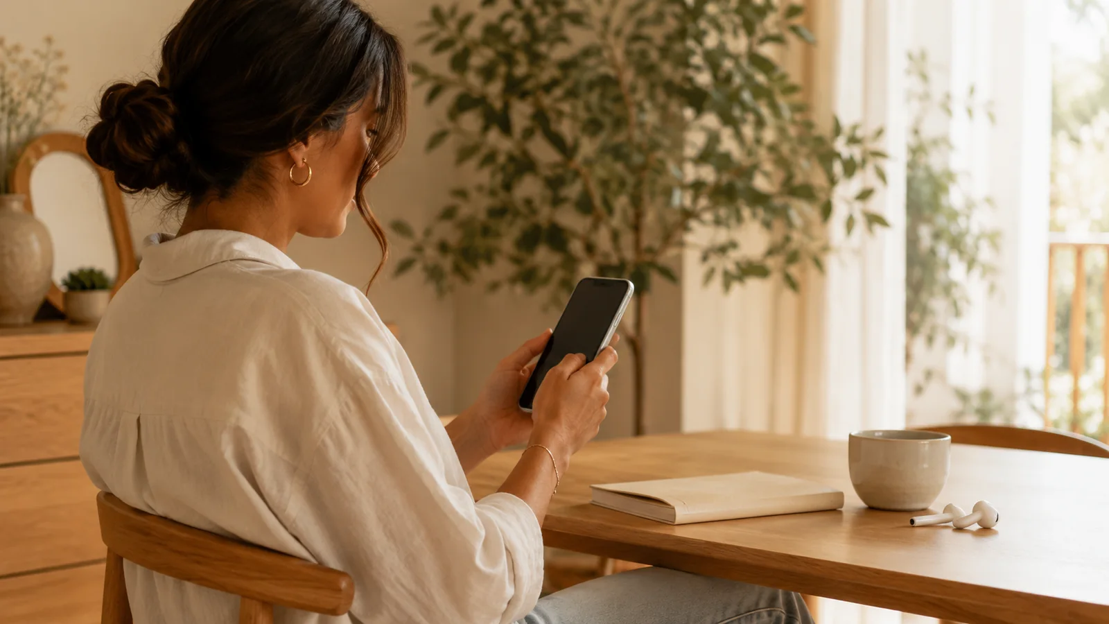 Mujer consultando información en su teléfono desde un espacio privado y tranquilo