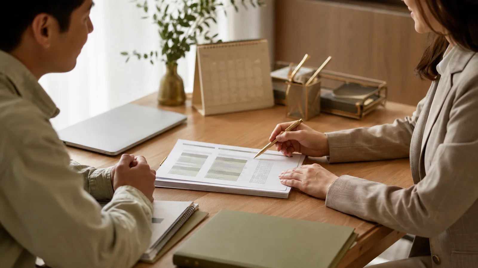 Abogada y persona trabajadora revisando documentos y cantidades antes de una conciliación laboral.