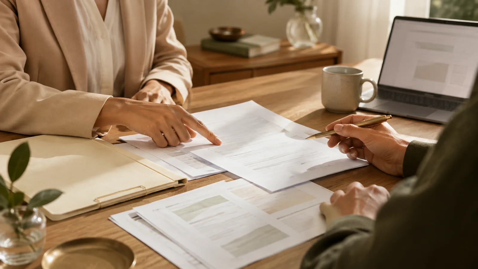 Abogada y cliente revisando un contrato y preparando una reclamación documentada