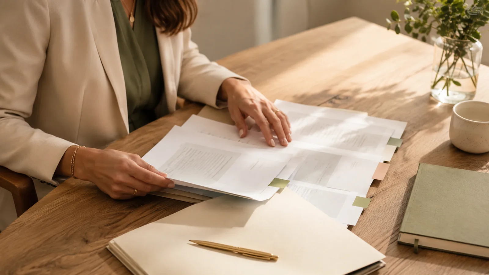 Profesional revisando documentación jurídica sobre una mesa de trabajo
