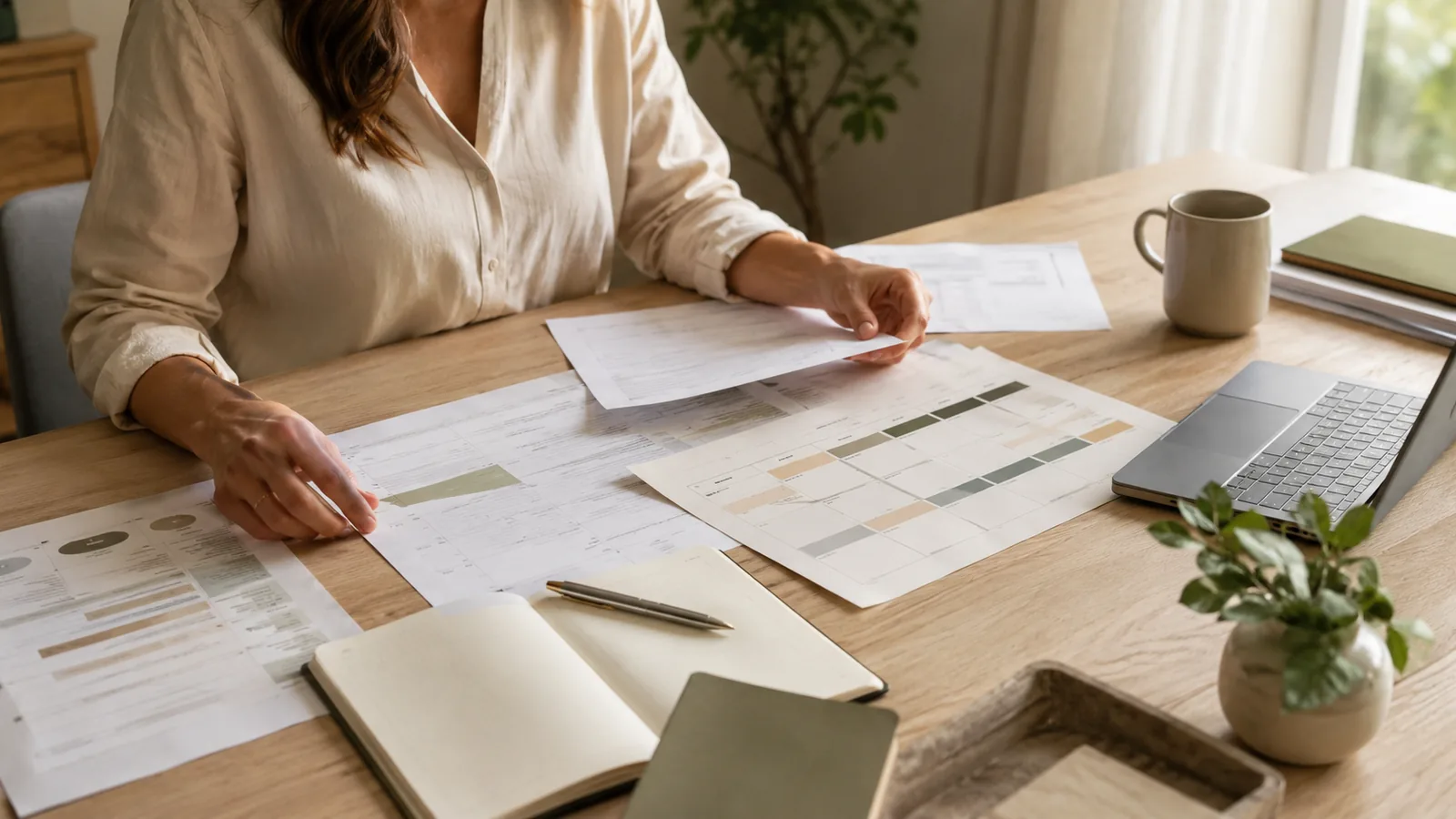 Persona revisando documentación y horarios de trabajo sobre una mesa