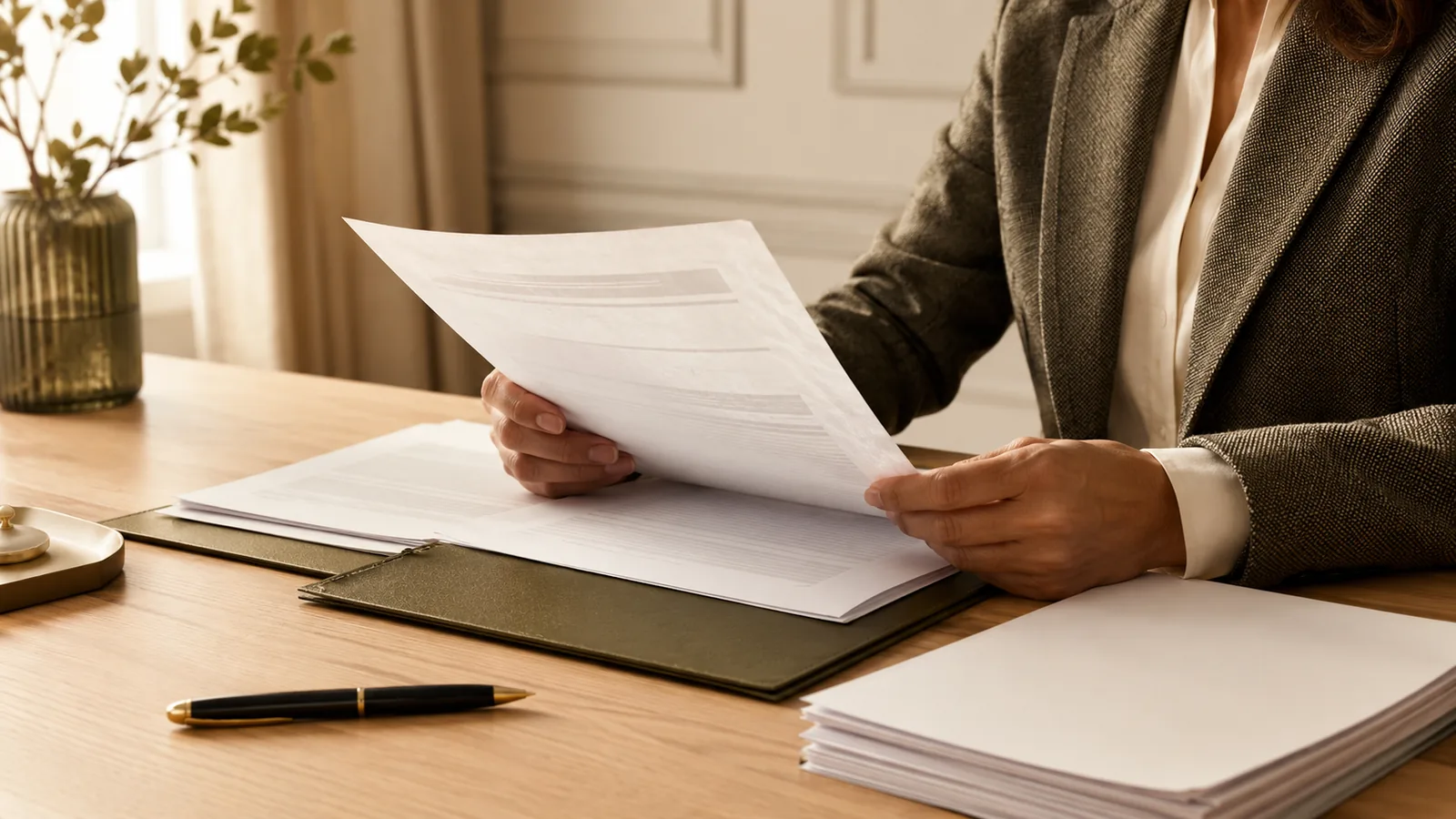 Persona revisando una citación judicial y documentación antes de declarar como testigo