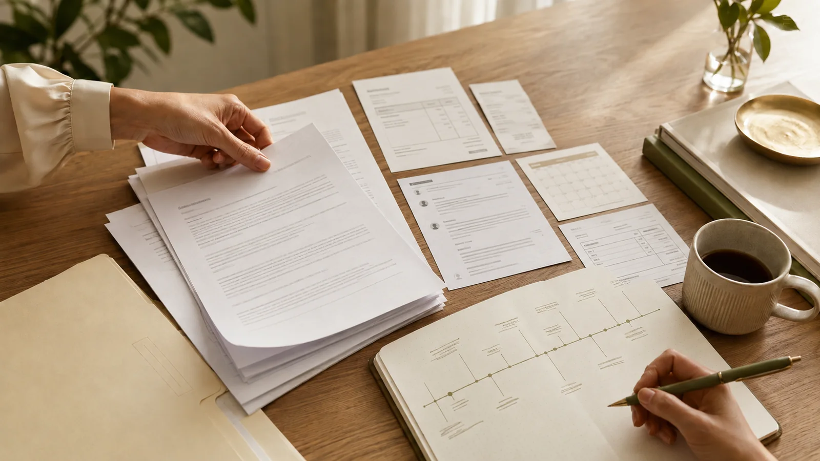 Manos ordenando un contrato, justificantes y una cronología sobre una mesa de trabajo