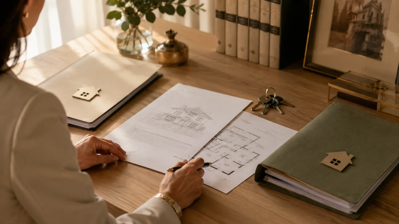 Documentación, plano y llaves de un inmueble en copropiedad sobre una mesa de trabajo