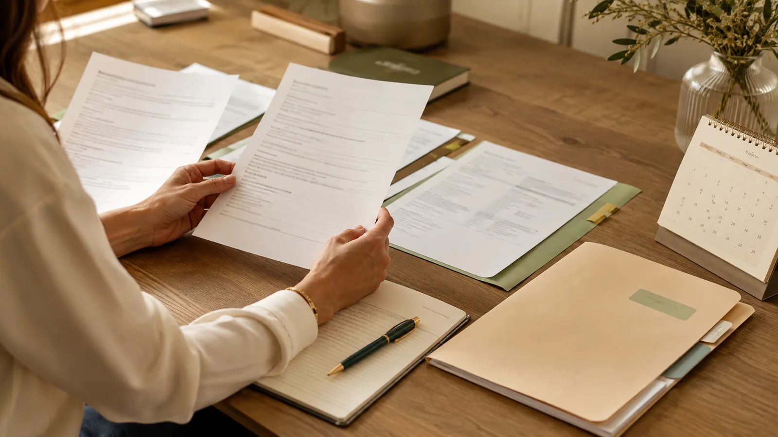 Documentos, calendario y libreta organizados sobre una mesa durante una revisión jurídica