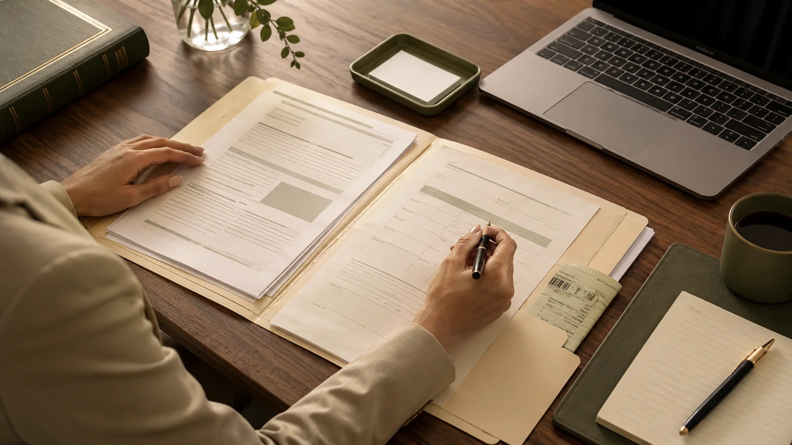 Persona revisando documentos y fechas de un expediente de reclamación patrimonial