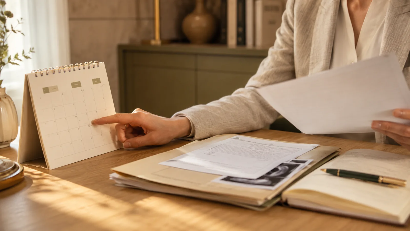 Persona revisando un calendario y documentación para identificar una fecha relevante