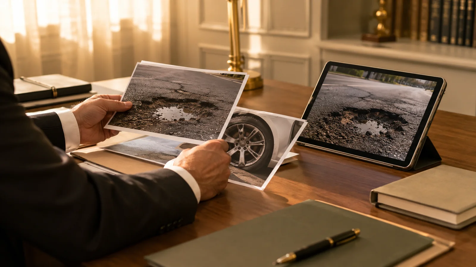 Manos revisando fotografías de un bache y daños en una rueda junto a documentación del vehículo