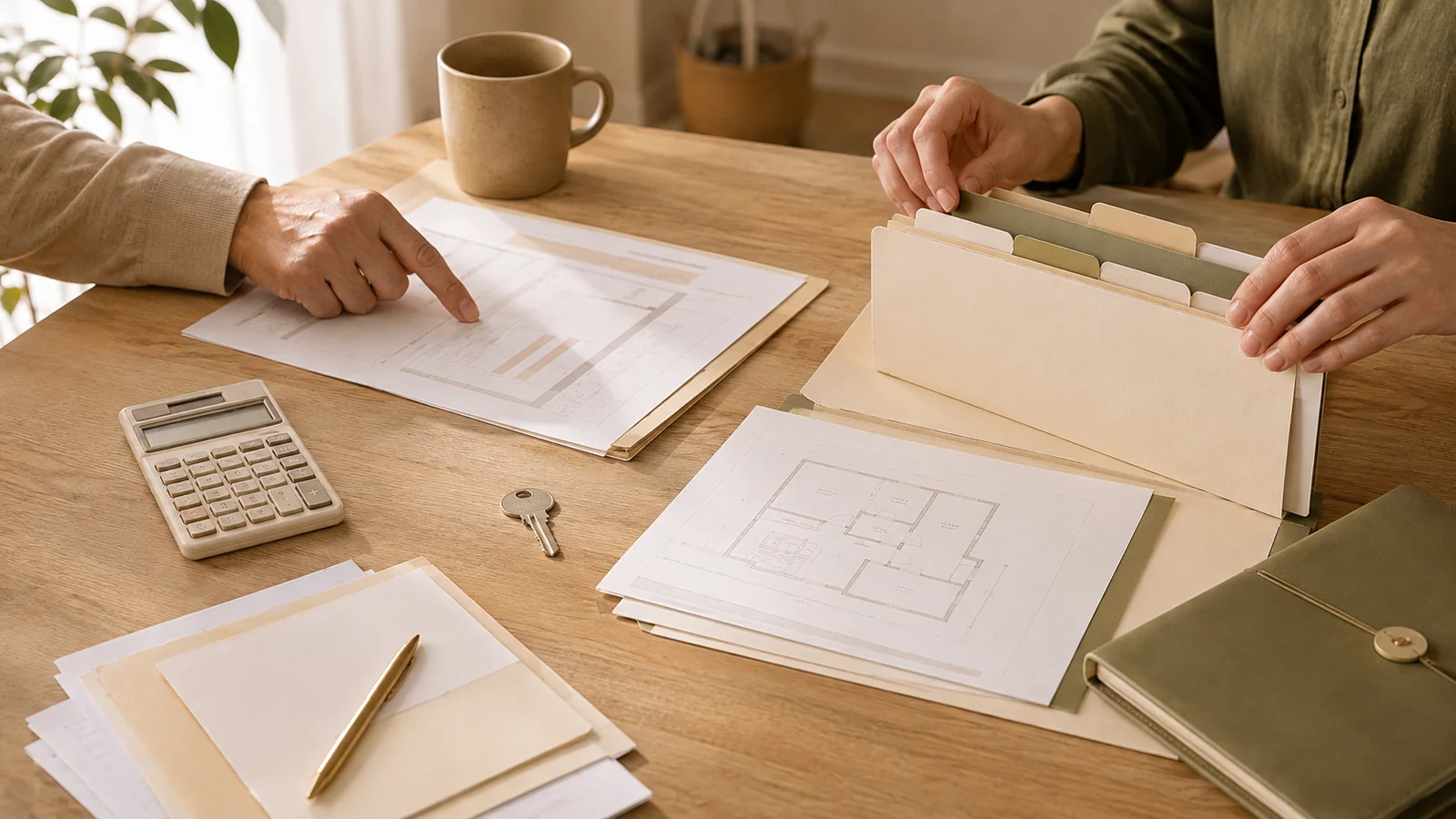 Dos personas revisan documentos económicos, una llave y el plano de una vivienda sobre una mesa.