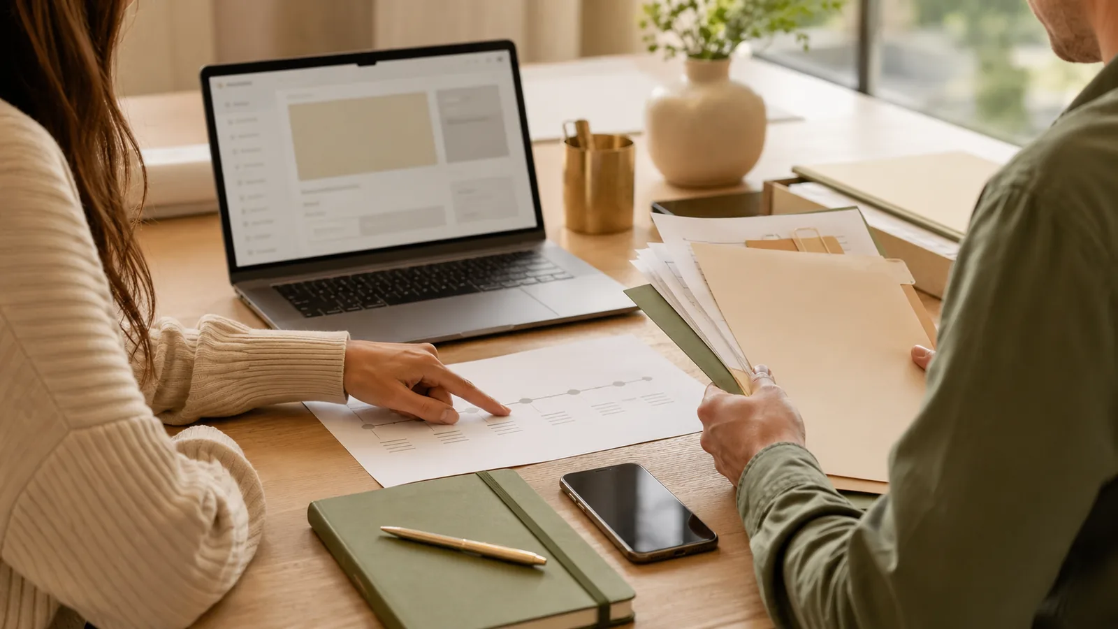Personas revisando una cronología y comunicaciones relacionadas con una consulta de Derecho de Familia