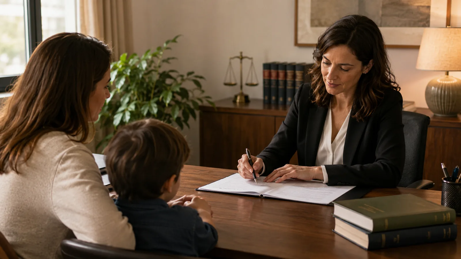 Abogada revisando documentación con una madre y su hijo durante una consulta sobre pensión de alimentos