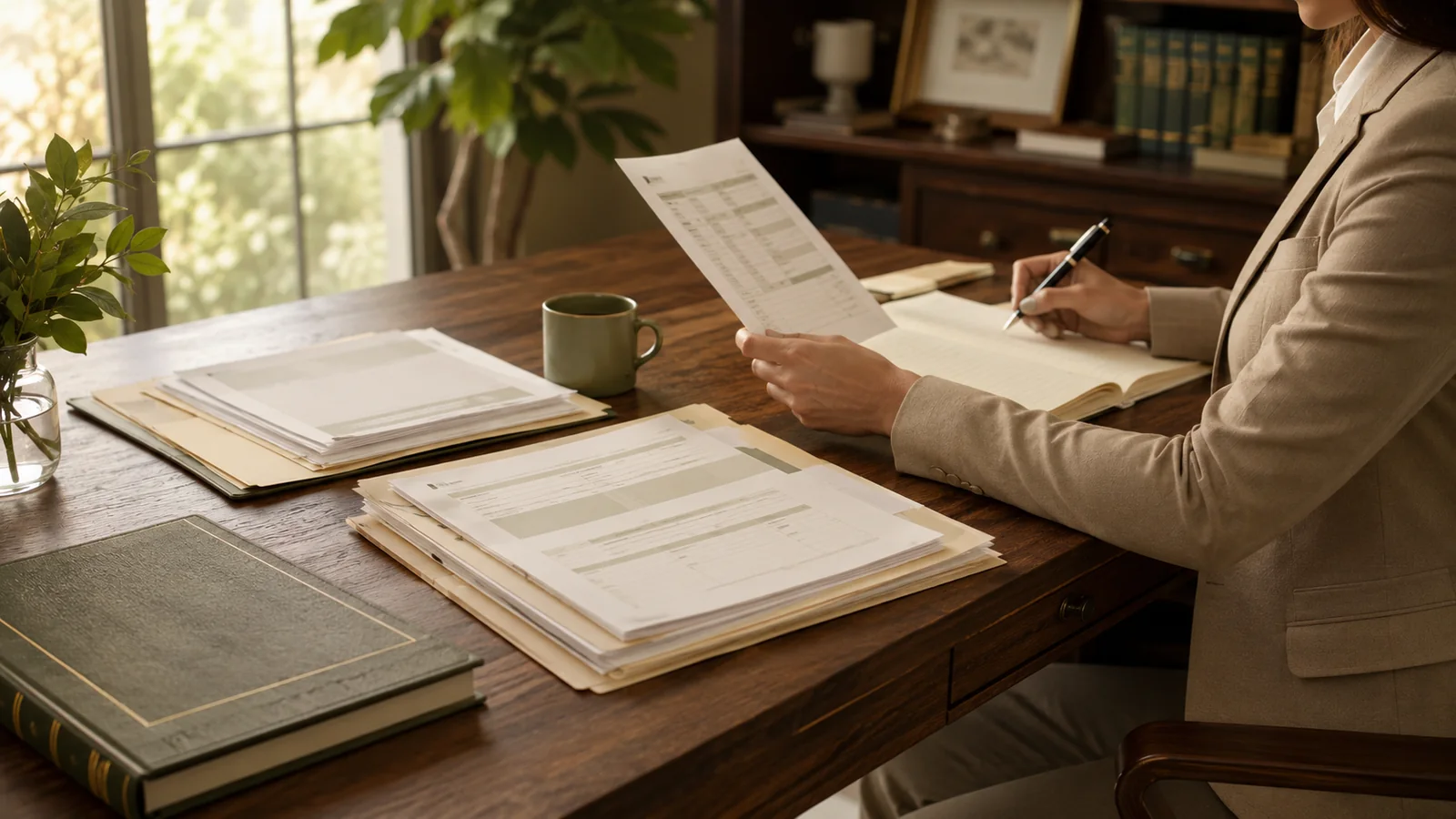 Persona revisando un expediente administrativo y tomando notas antes de decidir cómo continuar